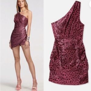 Ramy Brook One-Shoulder Sparkly Pink Mini Dress with leopard print
